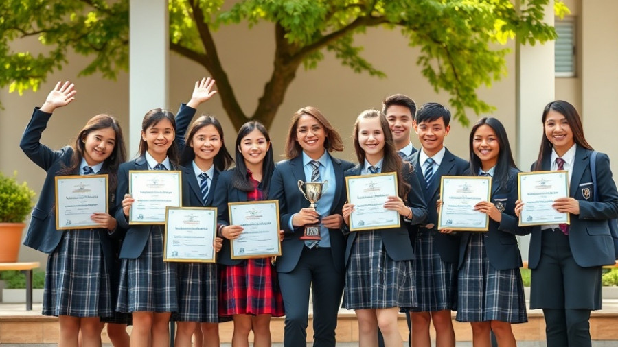 Rose Public School Karate Success celebration with students and trophies.