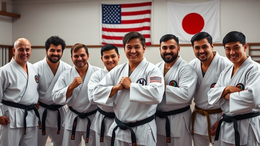 Martial arts class group photo in Gurnee dojo with flags.