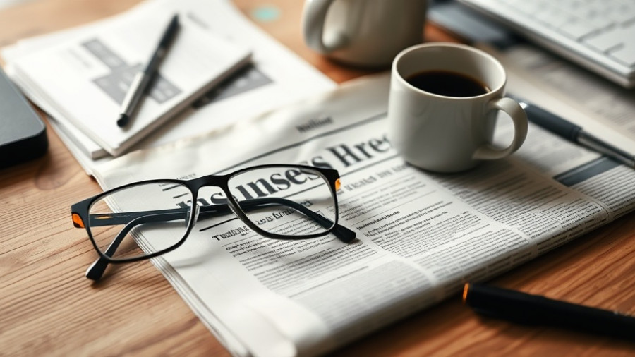 Press release with glasses and coffee on desk, related to lawn care Macon GA.
