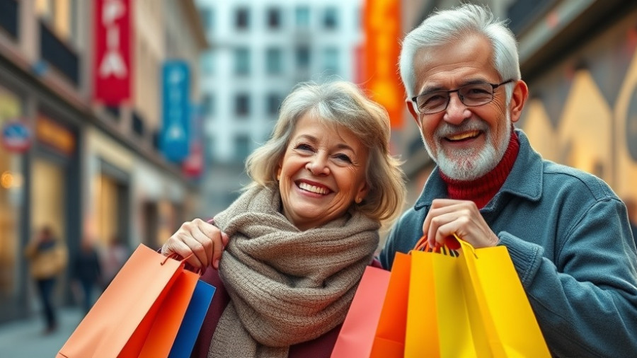 Happy senior couple with shopping bags enjoying best senior discounts 2025.