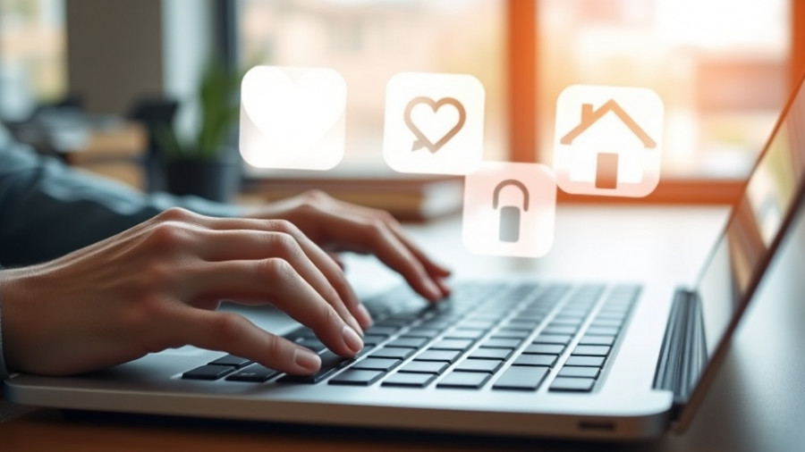 Digital insurance options displayed over hands typing on laptop.