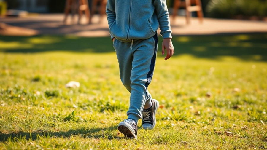 12-year-old boy with autism walking safely on the grass.