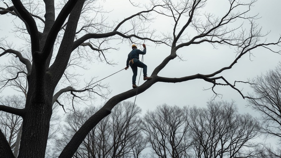 Arborist balancing on tree branch during community service.