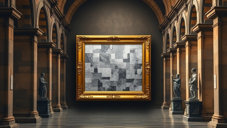Golden frame with pixelated art in a mysterious gallery, mystery of the missing pixels.