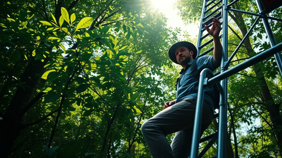 Tracking climate change through forests: researcher climbing a tower.
