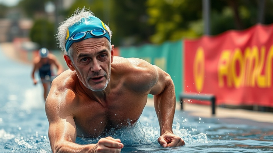 80-year-old Ironman record holder competing across events, vibrant collage.