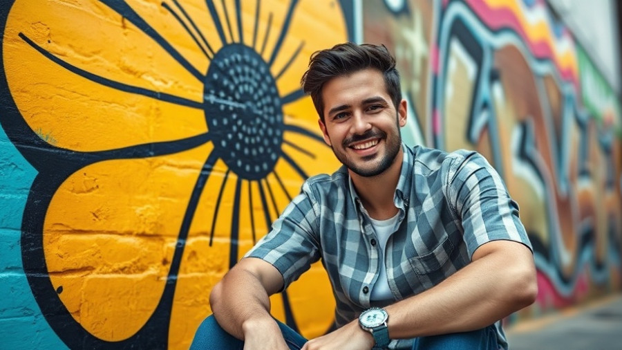 Local tree expert in Shelby Michigan smiling against graffiti.
