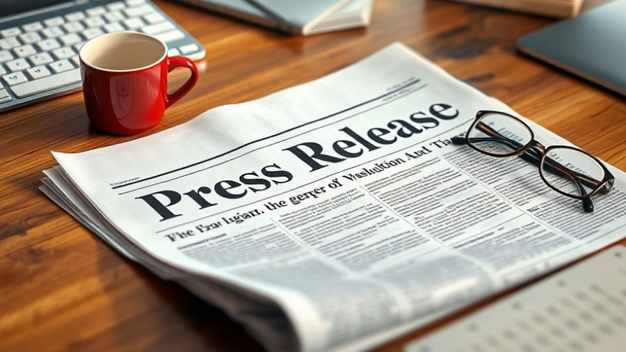 Press release on desk with coffee cup and keyboard.