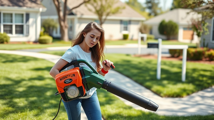 Young woman maintaining lawn with leaf blower in suburban area, lawn care business.