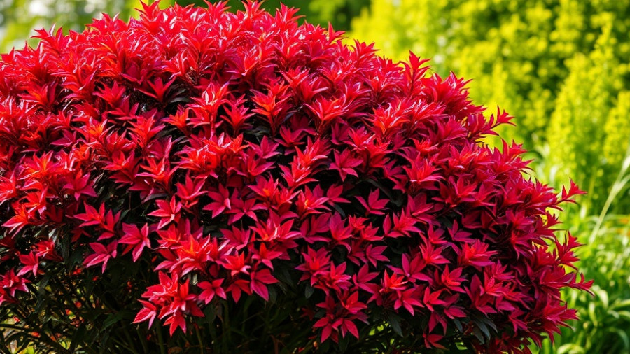 Colorful invasive shrubs with red-orange foliage in a lush garden.
