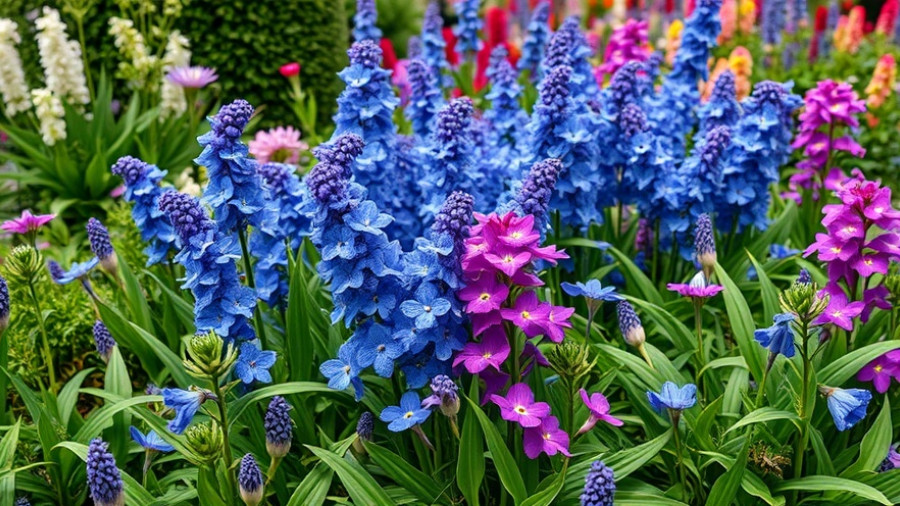 Lush garden with blue and purple flowers in bloom, showcasing colorful garden design tips.