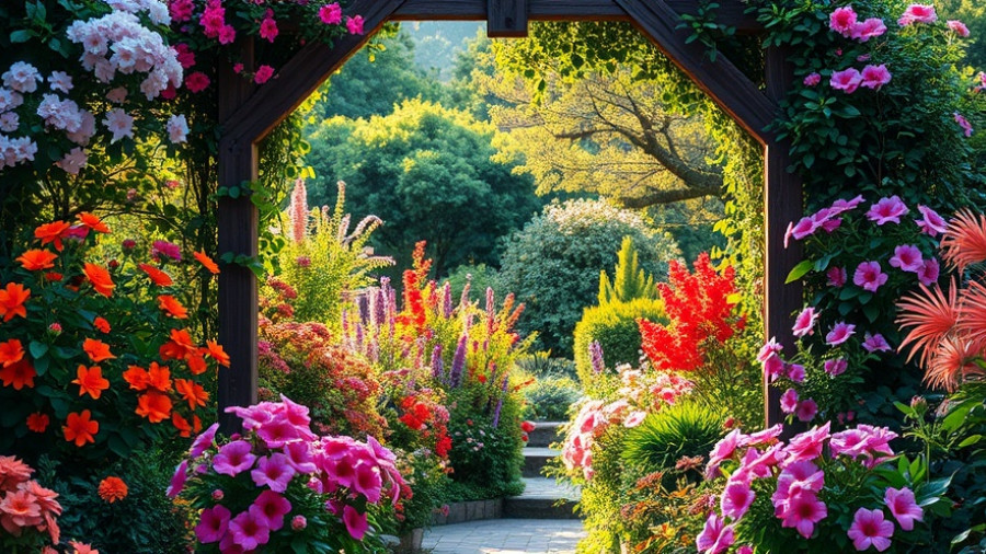Beautiful natural garden look with archway and flowers.