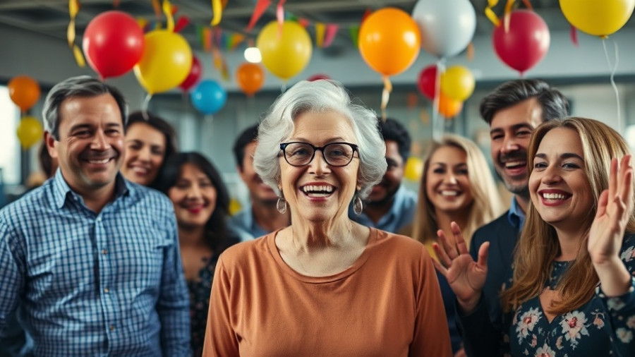 Joyful retirement party with middle-aged woman and colleagues celebrating.