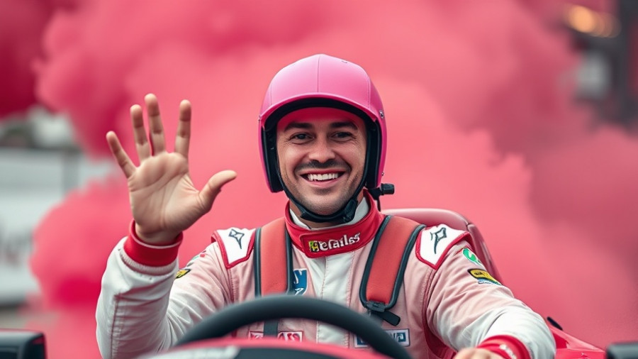 NASCAR driver waving in pink cap, hinting at potential retirement.