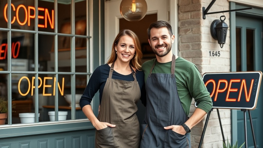 Cheerful small business owners outside store, financial planning services USA