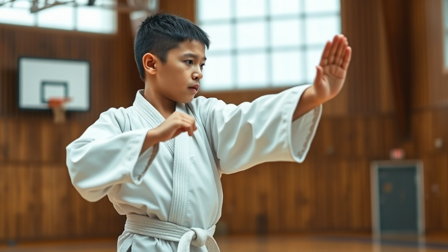 Karate competitor at championship in Gisborne, mid-action pose in sports hall.