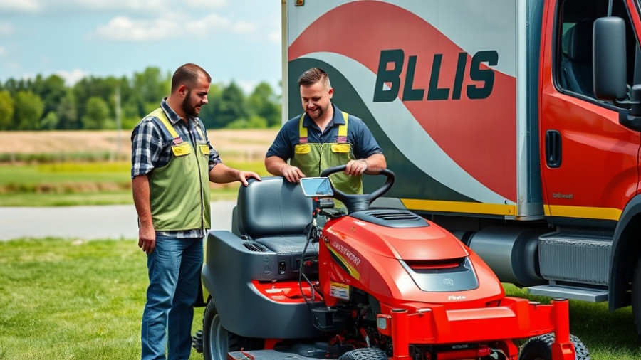 Professional landscapers discussing equipment for commercial landscaping services.