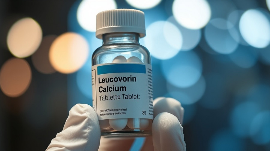 Leucovorin tablet bottle held by glove, bokeh background