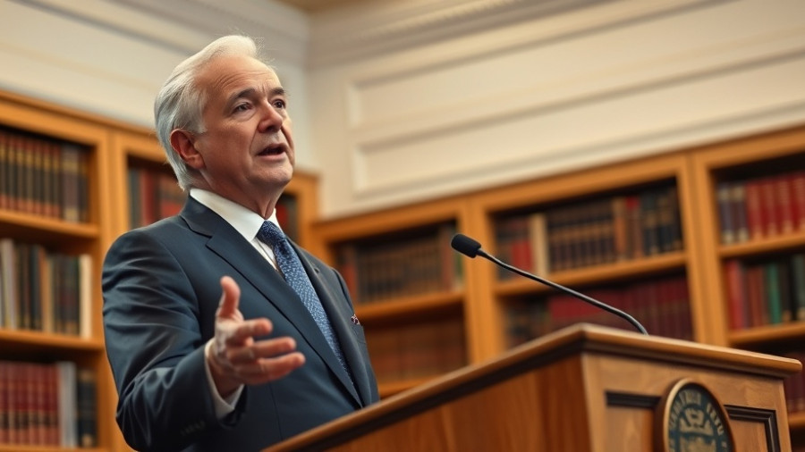 Man speaking at podium, confident expression, focused atmosphere.