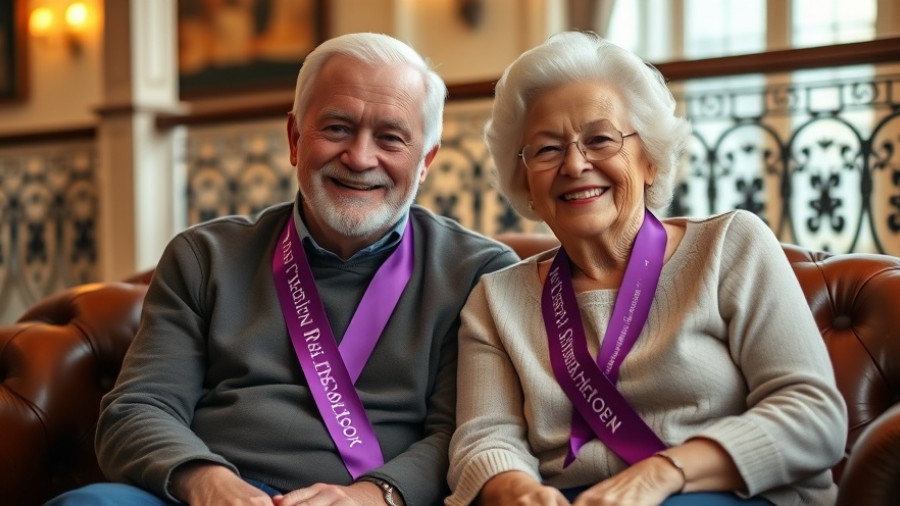 Elderly couple at Myrtle Beach Alzheimer's event, smiling.