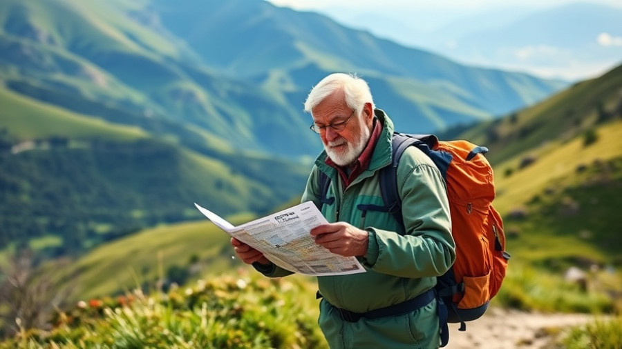 Elderly couple in colorful jackets hiking in mountains, map reading scene.