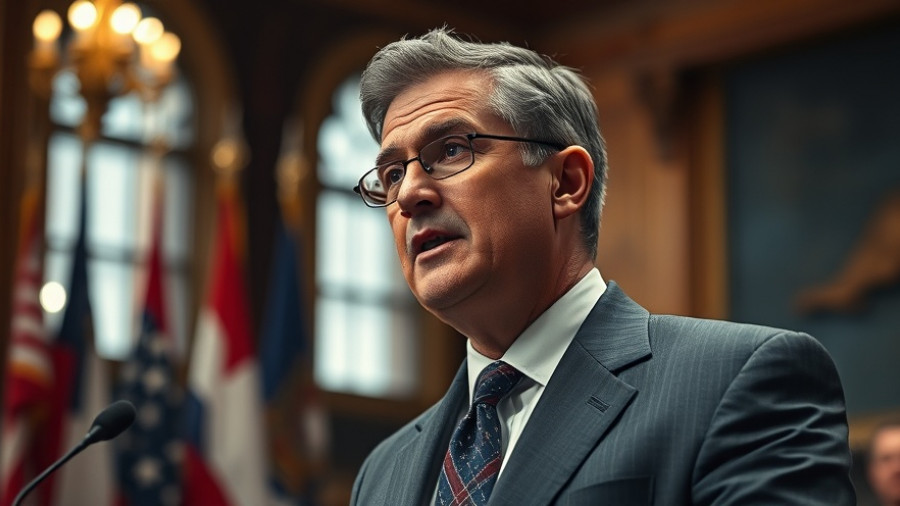 Middle-aged man discusses Social Security application in Muskegon with flags in background.