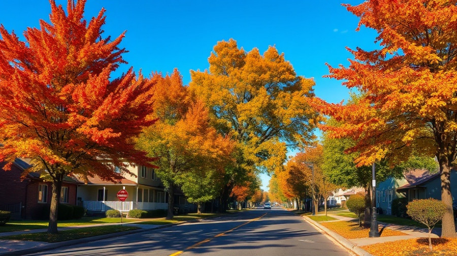 Colorful autumn street scene for Tree City USA applications open announcement.