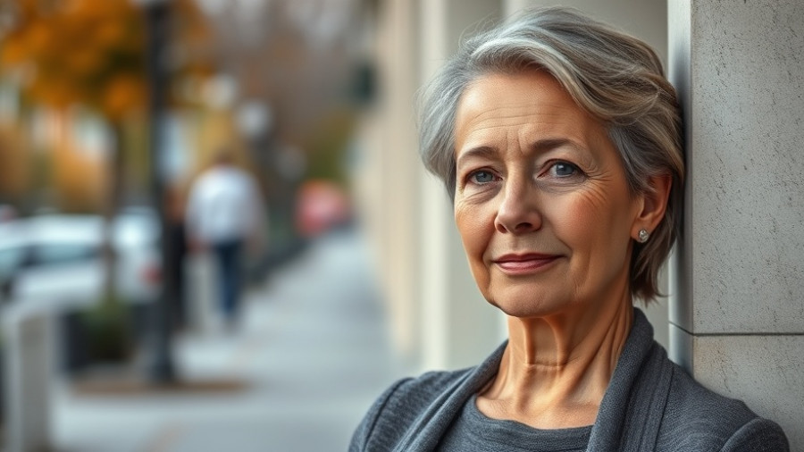 Middle-aged woman leaning against column, urban autumn setting, Muskegon facts.