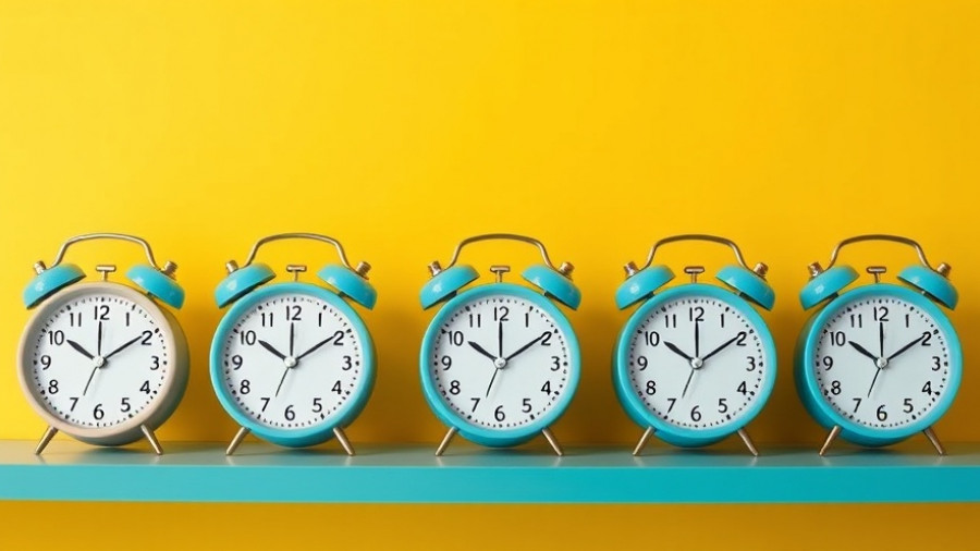 Vibrant image of six clocks on a teal shelf against a yellow backdrop.