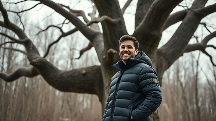 Man beside bare tree, winter setting, zombie trees.