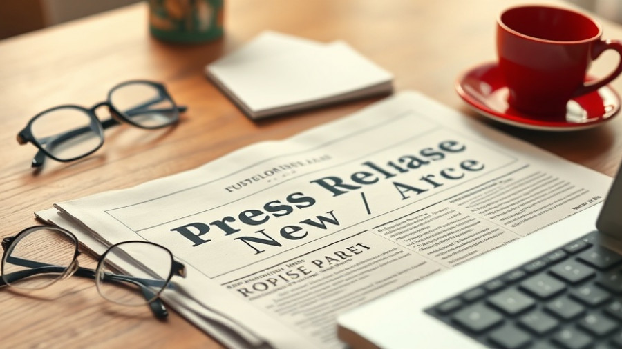 Press release on wooden desk with coffee and glasses, lawn care and weed control services.