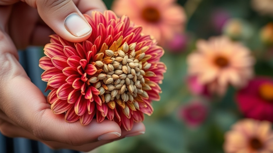 Close-up of hands saving zinnia seeds from a dried flower head.