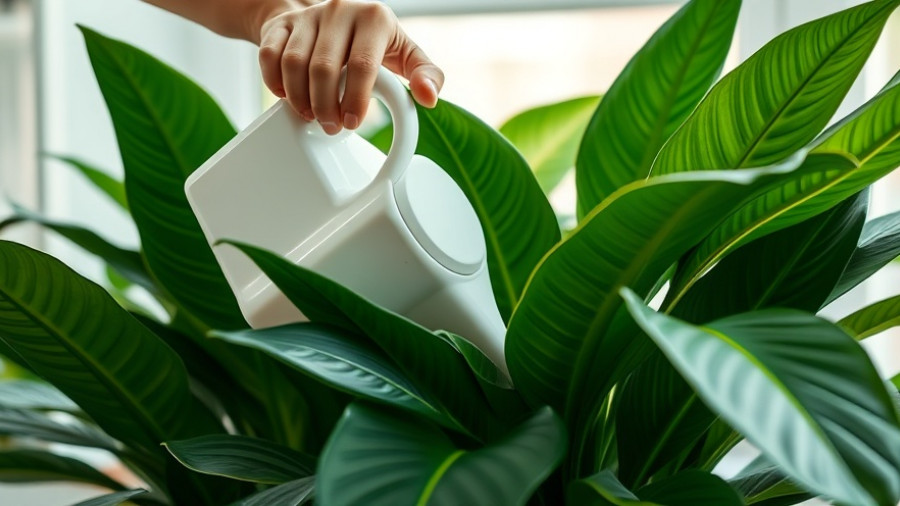 Person watering Calathea plant with a white can indoors.