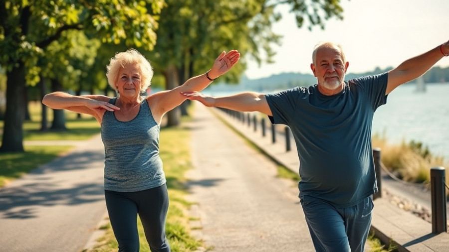 Older adults stretching by a lakeside, representing vitality and health.
