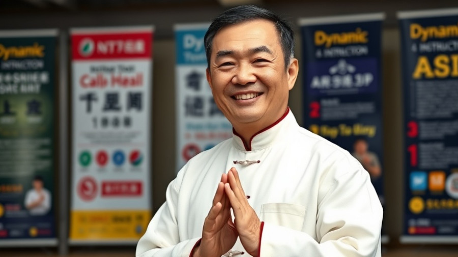 Instructor demonstrating mental health benefits of Tai Chi with banners.