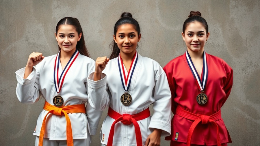 Young female karatekas with medals at championship, Karate lessons Gurnee.