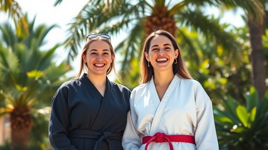 Women smiling in martial arts attire, outdoor scene, daylight.