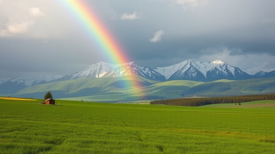 Turf management in extreme climates depicted by a lush field under rainbow and snowy mountains.