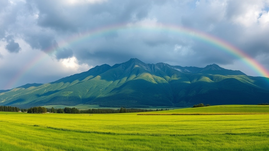 Turf management lessons in a scenic landscape with mountains and rainbow.