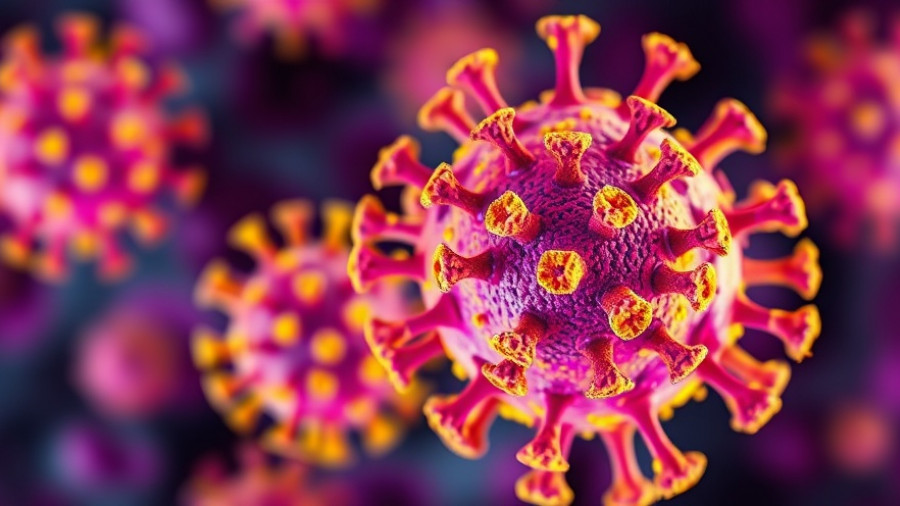 Microscopic view of COVID particles in purple and yellow hues.
