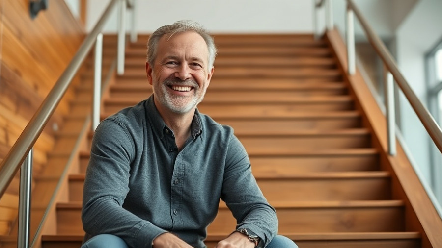 Middle-aged man seated on stairs, smiling in a modern interior.