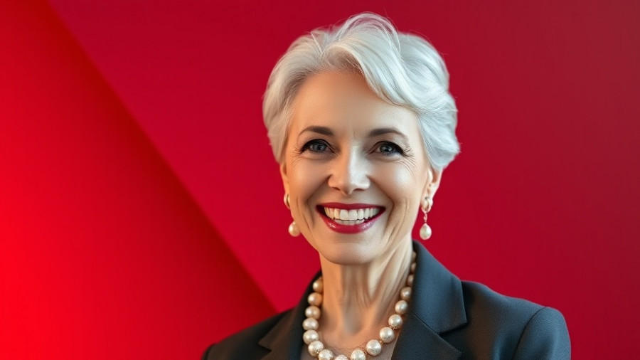 Confident older woman smiling, professional portrait with red gradient background.