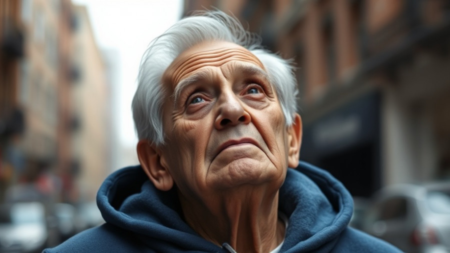 Elderly person gazing upward in a city, air pollution dementia risk concept.