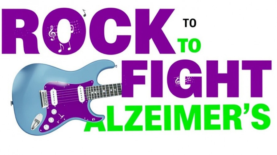 Promotional graphic for Rock to Fight Alzheimer's event with guitar and text.