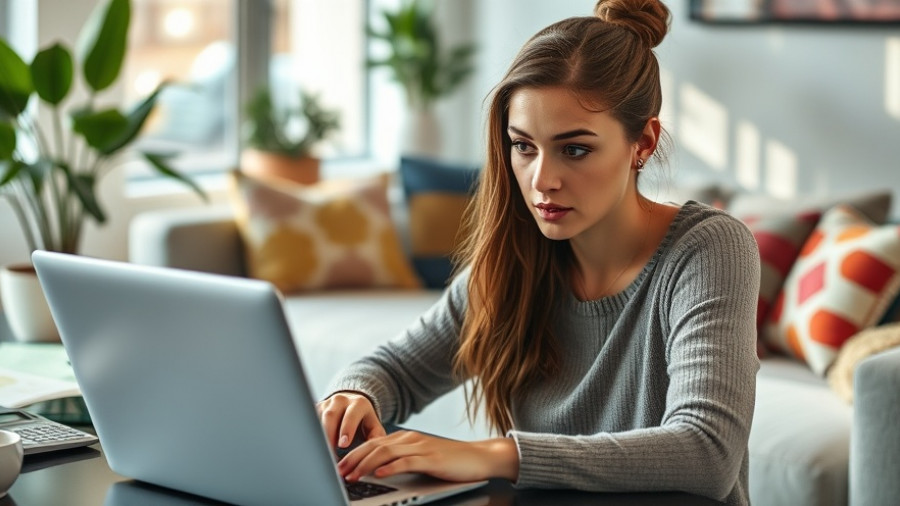 Focused young woman managing finances online in cozy living room.