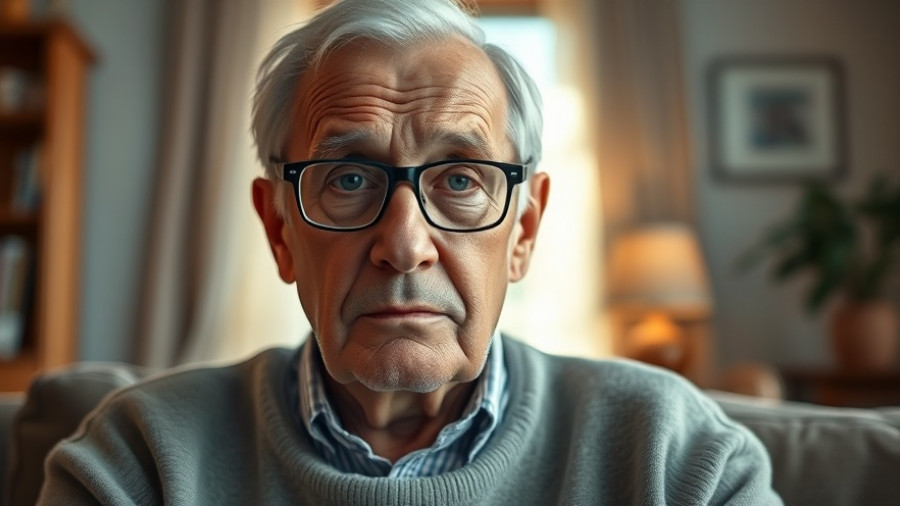Elderly man looks concerned about Social Security fraud in a cozy room.