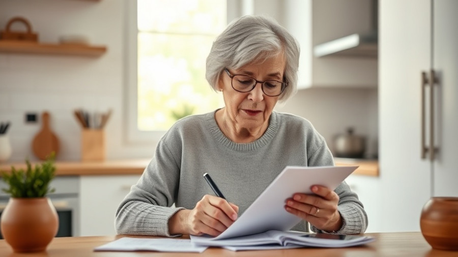 Elderly woman planning finances in modern kitchen for retirement planning
