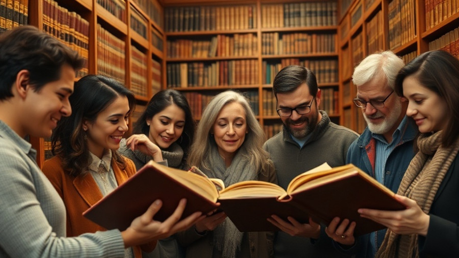 Diverse group exploring legacy planning in elegant library setting.
