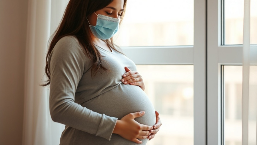 Pregnant woman in mask holding belly by window, COVID-19 in pregnancy developmental disorders.