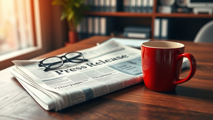 Press release setup with coffee and glasses in a modern workspace.